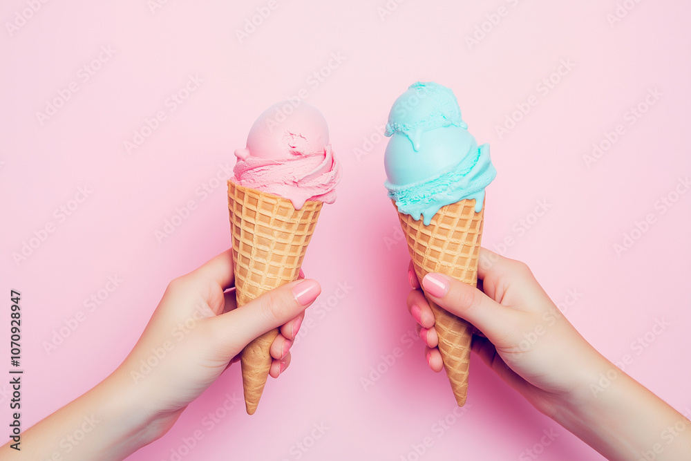 Two women's hands holding ice cream toasting. Two icecream cones hold by female hands. Cheers, friends and love concept. Vacation and summer tourism vibes, lgbt and pride theme Two women's hands holding ice cream toasting. Two icecream cones hold by female hands. Cheers, friends and love concept. Vacation and summer tourism vibes, lgbt and pride theme