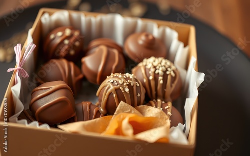 A box of assorted chocolate truffles, some topped with sprinkles, nestled in tissue paper photo