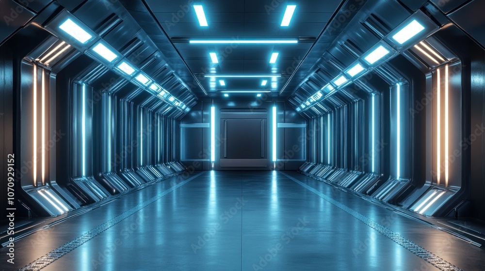 A futuristic corridor illuminated by blue lights, suggesting a sci-fi or technological setting. A futuristic corridor illuminated by blue lights, suggesting a sci-fi or technological setting.