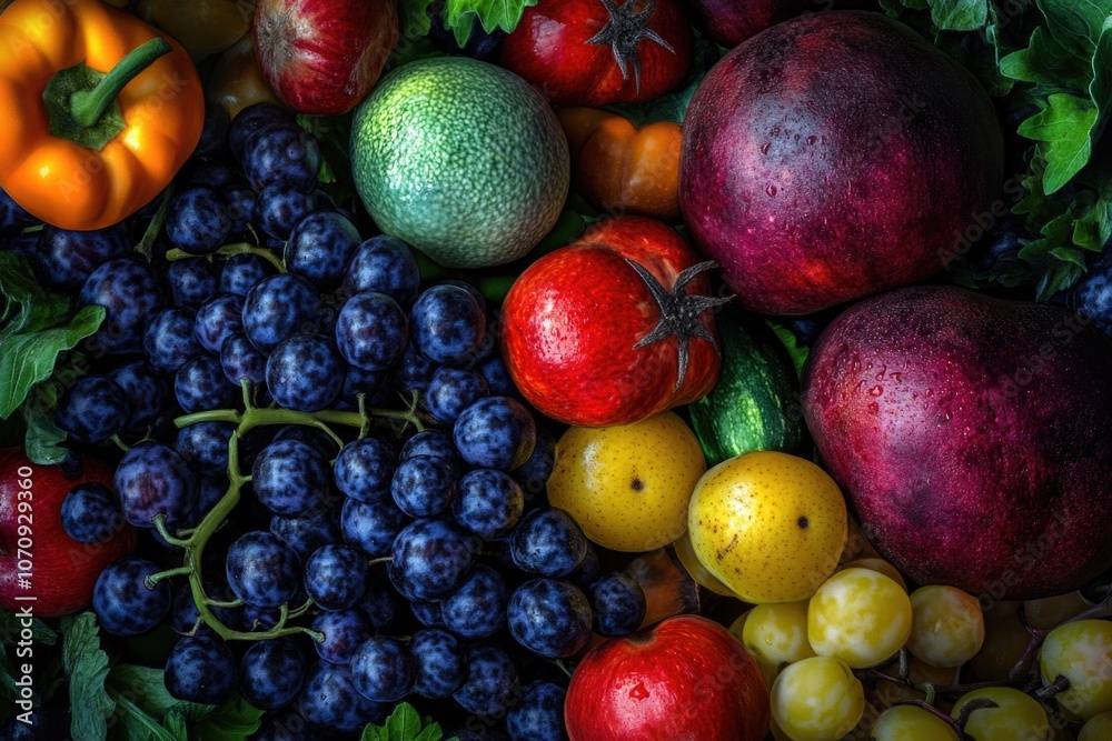 A close-up shot of various fresh fruits and vegetables