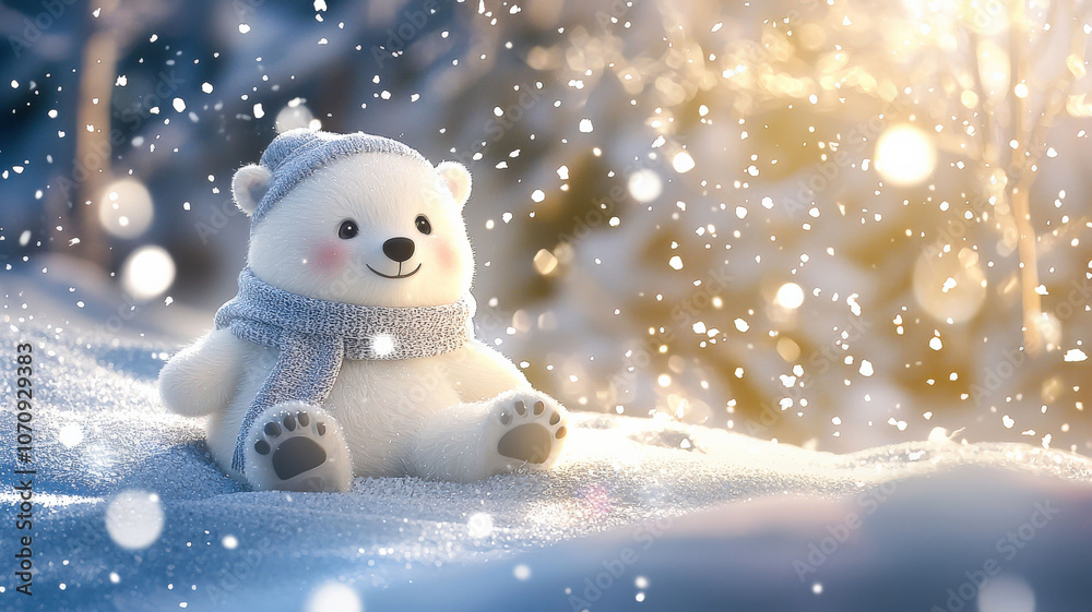 Obraz premium An adorable animated polar bear in a scarf and hat, sliding down a snowy hill, surrounded by sparkling snowflakes in a cheerful winter scene.