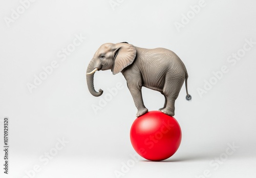 A circus elephant balances on a ball. Stock photo