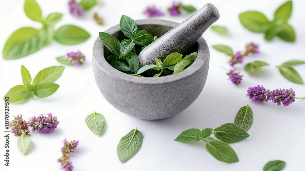 Healing fresh and dried herbs in marble mortar and pestle on white background. Setting for making herbal remedies, medicine preparation. Alternative medicine, health, natural ingredients