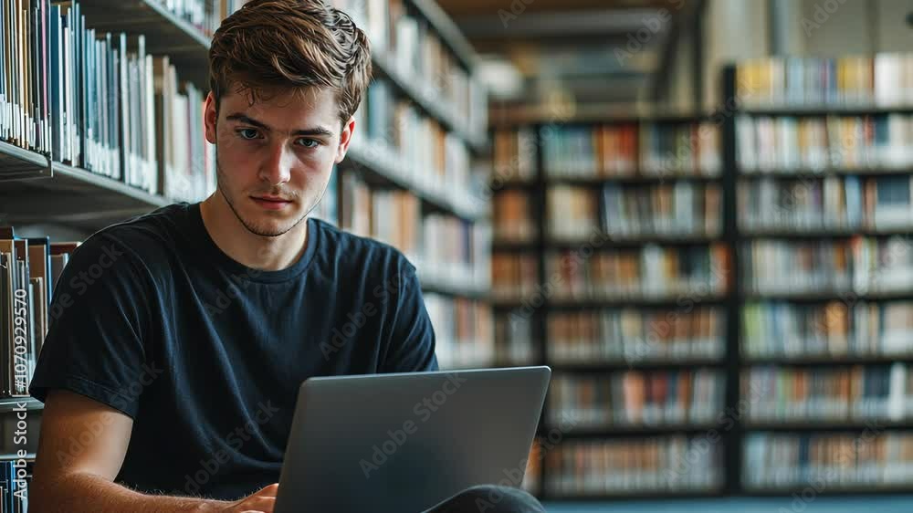 A young man sits in a library, using a laptop