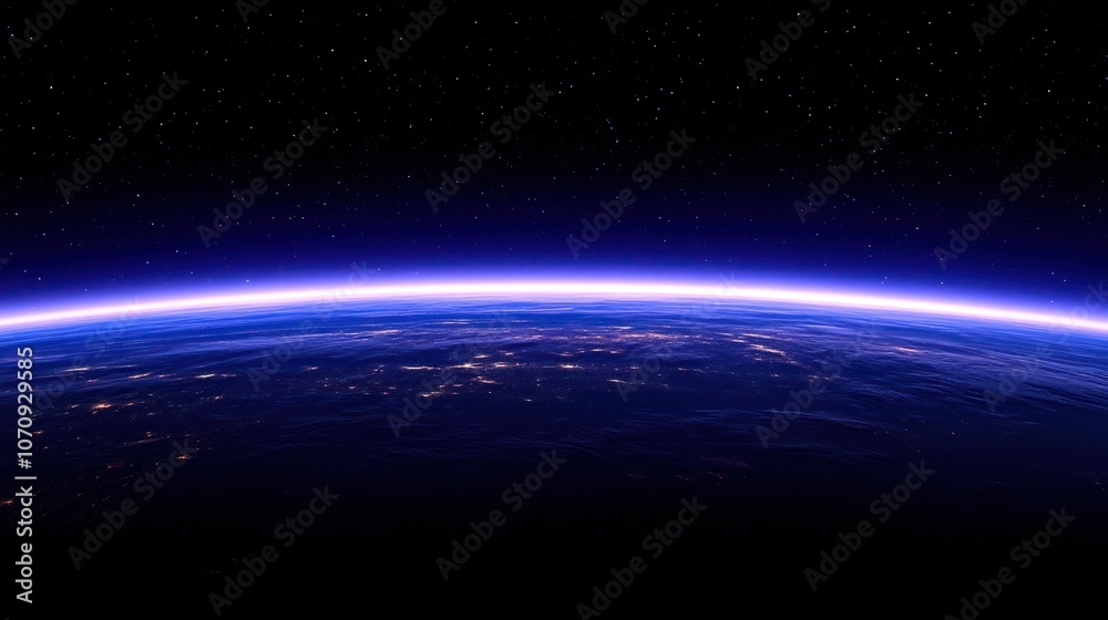 Fototapeta premium Earth's horizon bathed in soft blue light against a backdrop of twinkling stars.