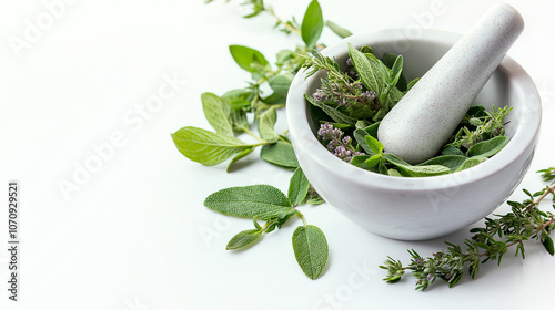 Healing fresh and dried herbs in marble mortar and pestle on white background. Setting for making herbal remedies, medicine preparation. Alternative medicine, health, natural ingredients