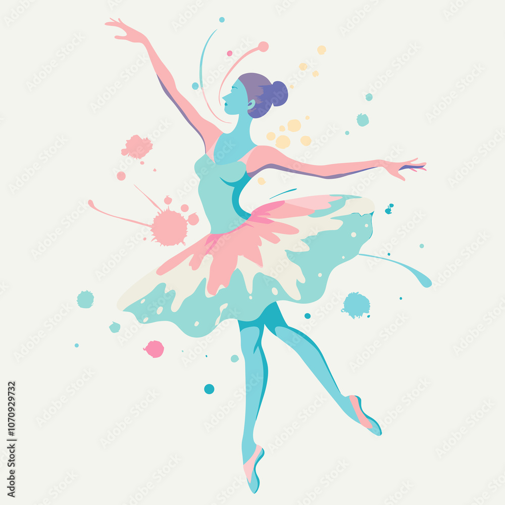 Obraz premium Ballerina in joyful pose dancing gracefully on artistic watercolor background for t-shirt print