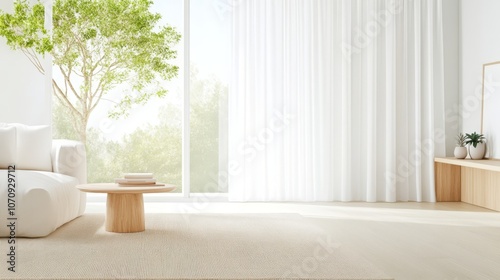 Bright and airy living room featuring light-colored rug and soft fabric curtains illuminated by natural light during the day
