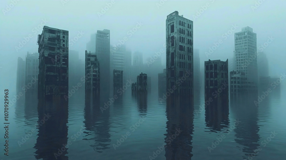 A massive flood that struck the city, completely destroying it. Flooded, ruined buildings partially submerged in water— a great catastrophe. A massive flood that struck the city, completely destroying it. Flooded, ruined buildings partially submerged in water— a great catastrophe.