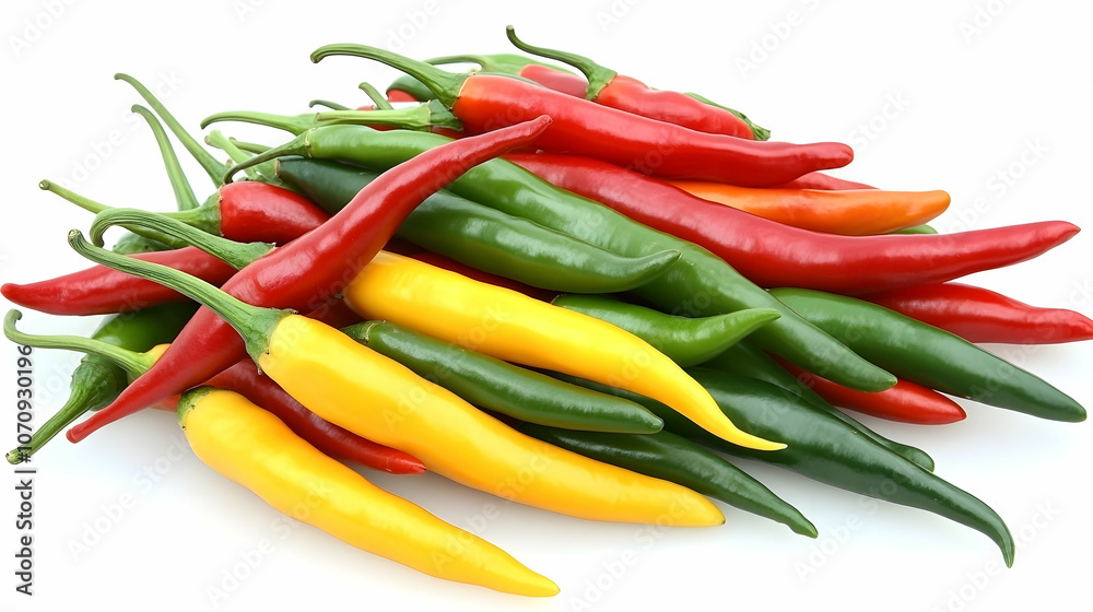 A pile of red, yellow, and green chili peppers on a white background.