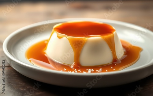 A creamy panna cotta dessert topped with caramel sauce is ready to be enjoyed photo