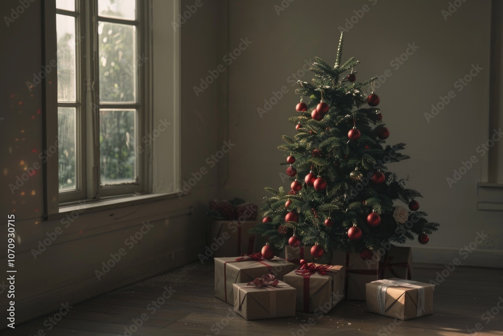A festive Christmas tree surrounded by colorful presents and decorations