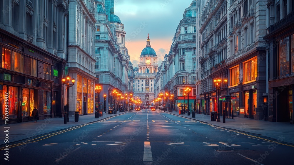 Fototapeta premium Empty street in London with a church at the end of the road.