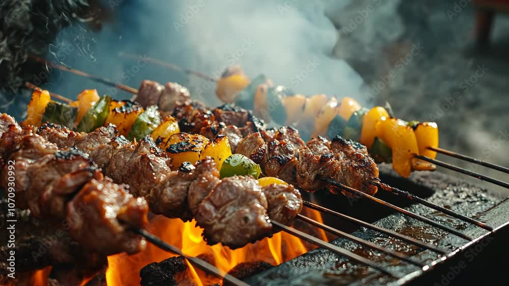 Meat and peppers are grilling over hot coals, creating a delicious smoky aroma