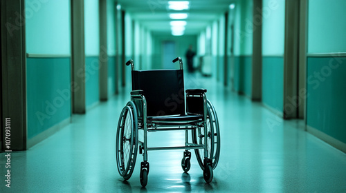 Empty Wheelchair in Hospital Corridor Medical Care Accessibility Healthcare