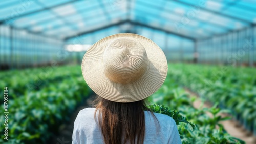 Explore the tranquil beauty of a greenhouse as a woman enjoys the lush vegetation