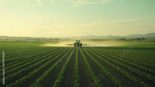 Tractor Spraying Crops in Farmland During Sunset