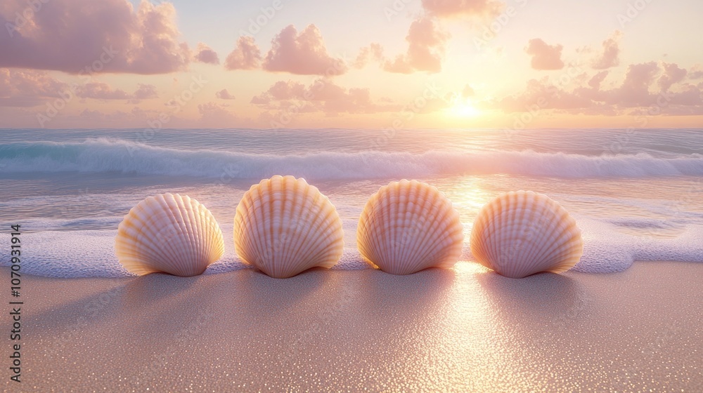 Four seashells on the beach at sunset. Four seashells on the beach at sunset.