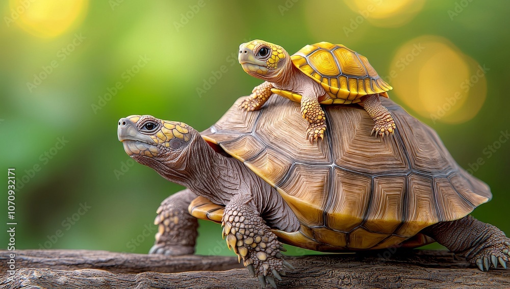 Naklejka premium A close-up of a small young turtle on top of an old large turtle. The image conveys the message of family responsibility and cooperation.