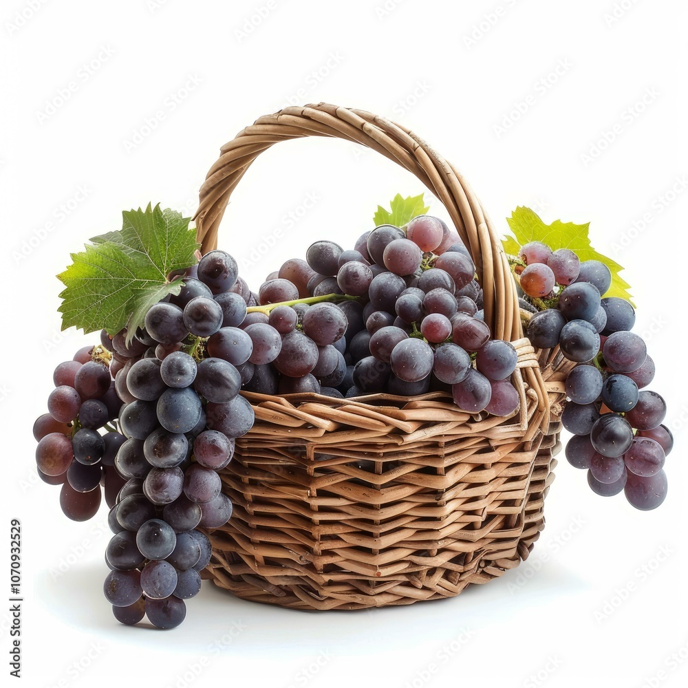 Wicker basket overflowing with freshly picked red grapes with green leaves on white background Wicker basket overflowing with freshly picked red grapes with green leaves on white background