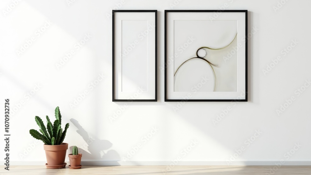 Stylish Black Frames with Abstract Art and Cactus on White Wall