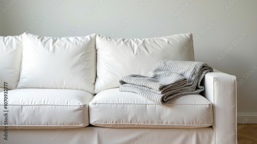 Cozy White Linen Sofa with Neatly Folded Blanket in Minimalist Room Cozy White Linen Sofa with Neatly Folded Blanket in Minimalist Room