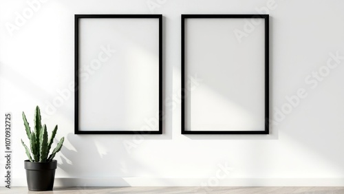 Elegant Minimalist Black Frames Against White Wall with Cactus