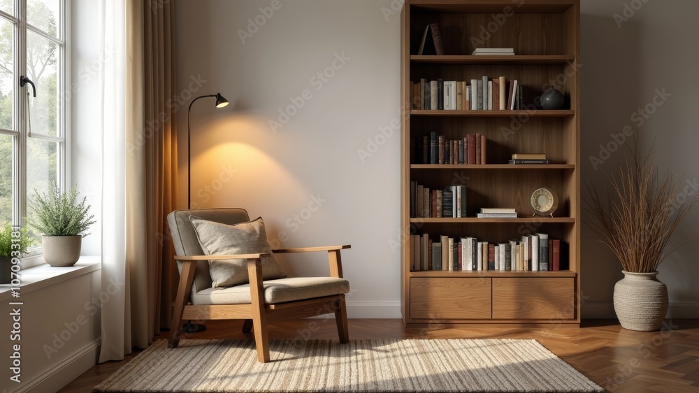 Cozy Reading Nook with Minimalist Wooden Chair and Bookshelf Cozy Reading Nook with Minimalist Wooden Chair and Bookshelf