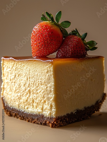 A Slice of Cheesecake Topped with Strawberries and Caramel Drizzle photo