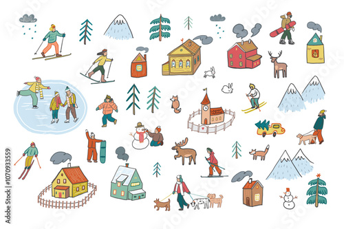 Winter holiday in the village with people skiing, skates, dogs, animals, houses illustrations set.