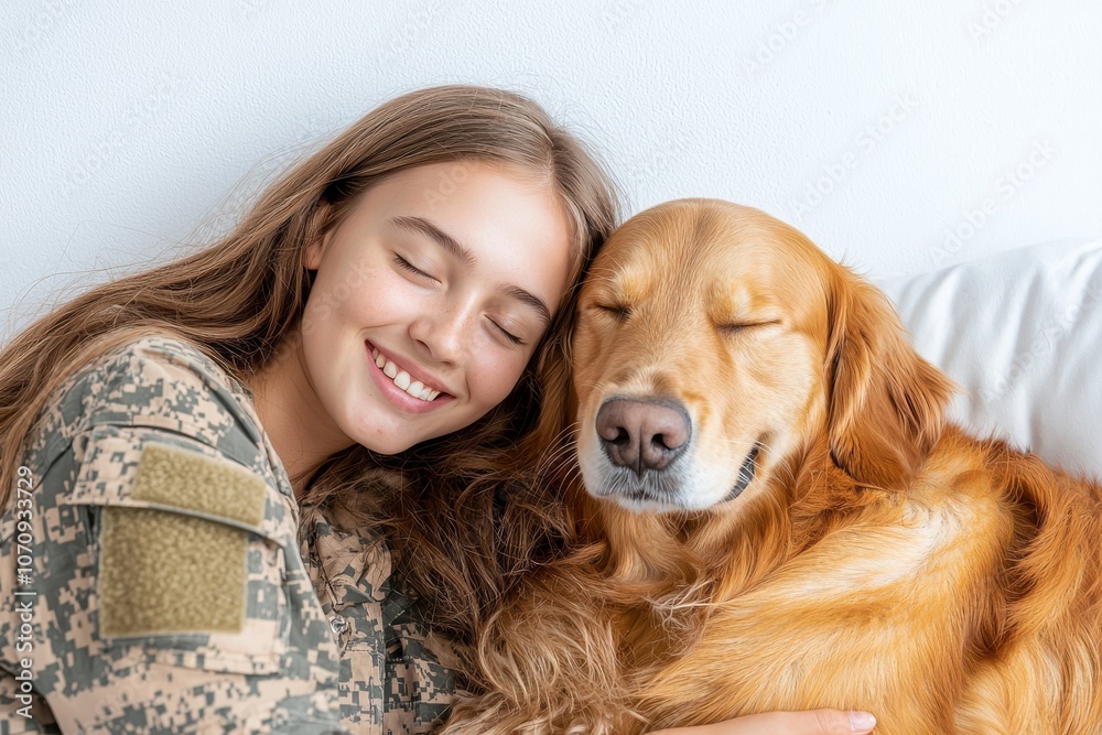 The heartwarming reunion between a soldier and her faithful dog epitomizes the love and companionship between them. The heartwarming reunion between a soldier and her faithful dog epitomizes the love and companionship between them.