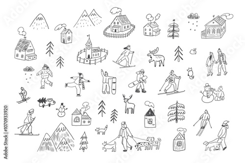 Winter holiday in the village with people skiing, skates, dogs, animals, houses illustrations line set.