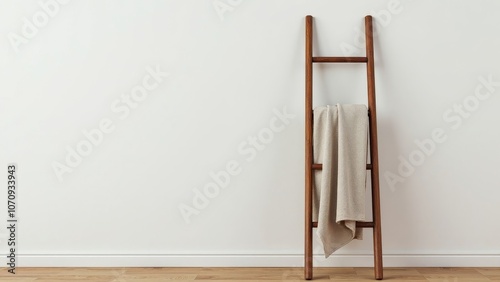 Stylish Wooden Ladder with Soft Blanket Draped, Ideal for Home Decor