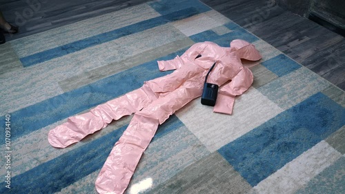 A time lapse view inflating a life-sized blow-up doll on a living room floor.  	