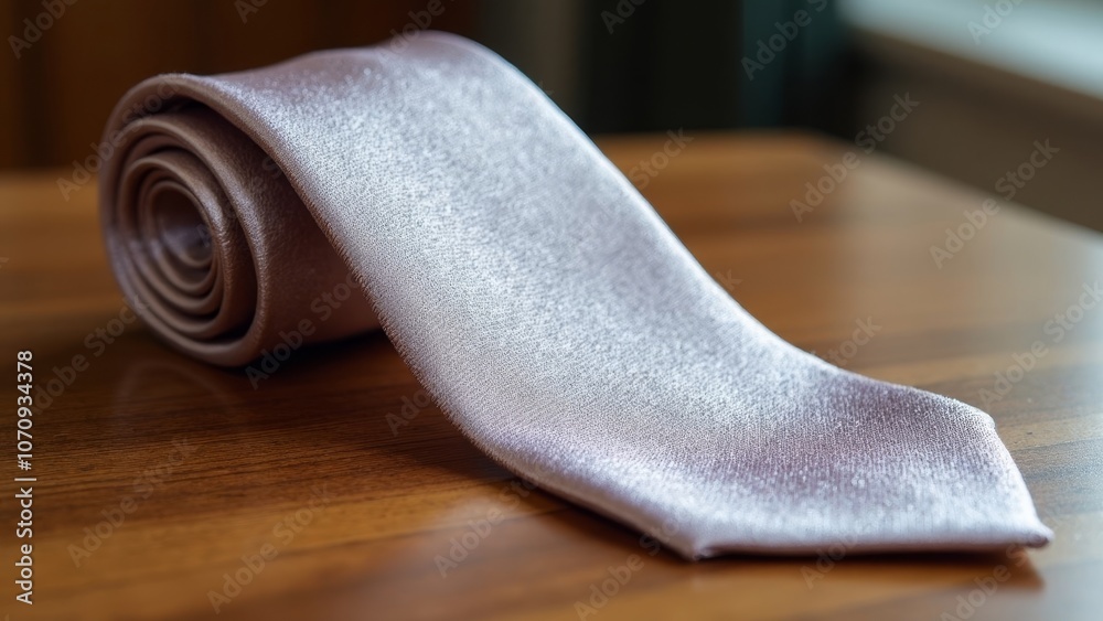 Delicate Silk Tie Neatly Folded on an Oak Desk with Copyspace Delicate Silk Tie Neatly Folded on an Oak Desk with Copyspace
