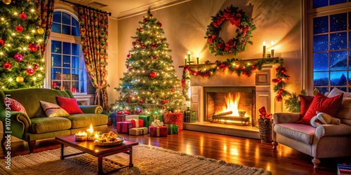 Family Enjoying a Cozy Christmas Eve with Music, Gifts, and Festive Decorations by the Holiday Tree in a Warm Living Room Setting