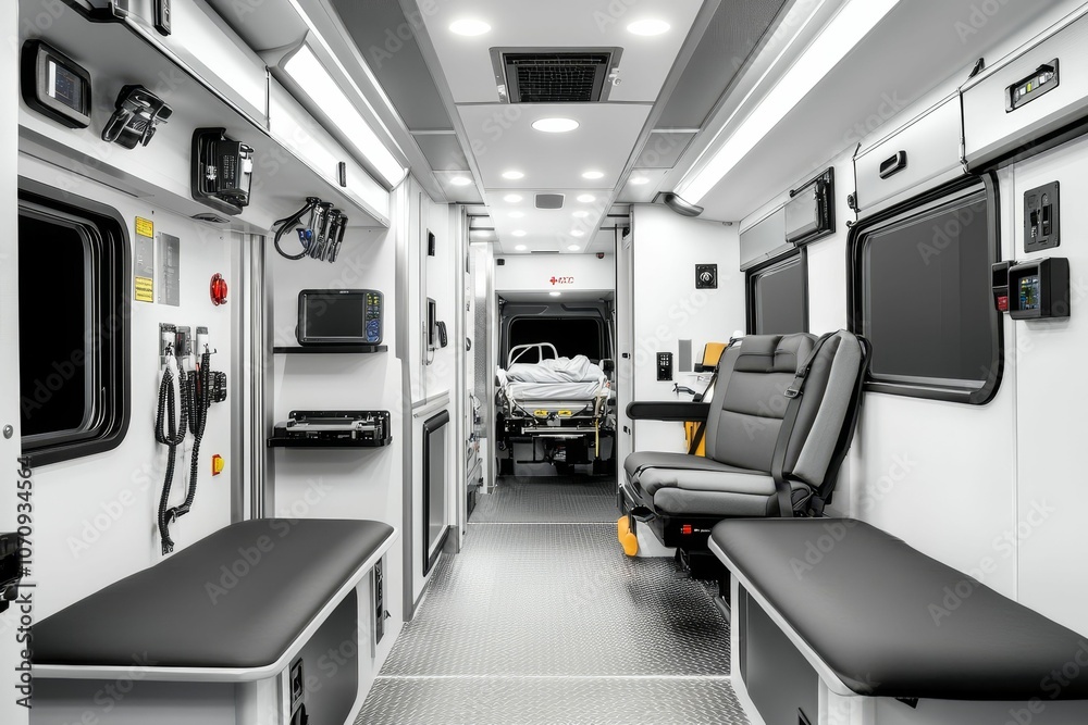 Obraz premium Modern ambulance interior with stretcher and seats.