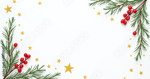 Vibrant fir branches with red berries and golden stars on a crisp white background evoke festive holiday cheer and joyful winter spirit always photo