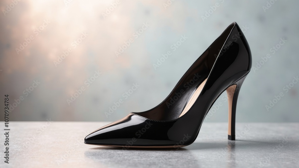 Sleek Black Patent Leather Stiletto on Soft Metallic Surface Sleek Black Patent Leather Stiletto on Soft Metallic Surface