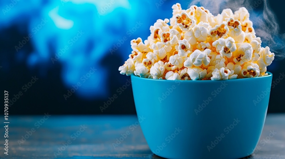 Freshly Popped Popcorn in a Blue Bowl with Steam Freshly Popped Popcorn in a Blue Bowl with Steam