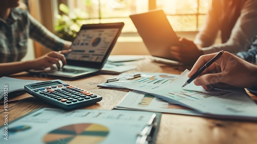 A business team analyzing financial data on laptop, Business team analyzing financial