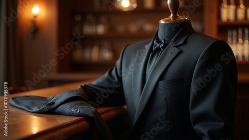 Elegant Black Tuxedo Jacket on Polished Oak Bar with Copyspace