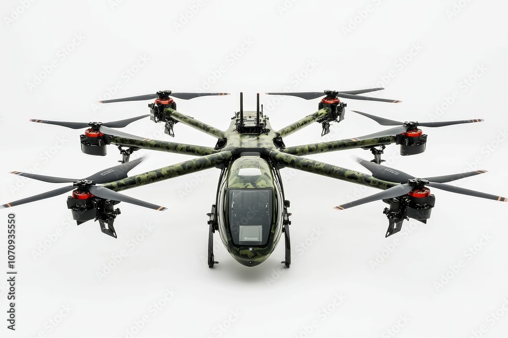 Camouflaged drone with six propellers. Camouflaged drone with six propellers.