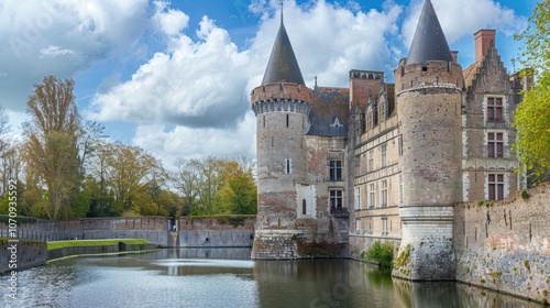 A beautiful castle with a peaceful pond in front of it