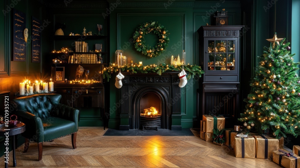 Cozy Christmas living room with a tree, fireplace, and festive decorations. Cozy Christmas living room with a tree, fireplace, and festive decorations.