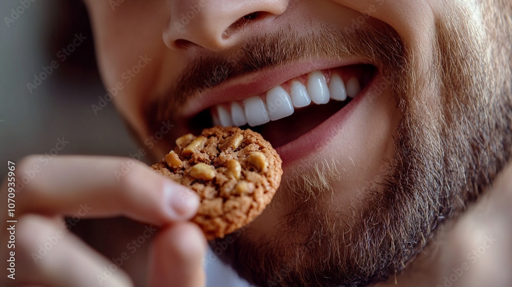 Close-up of a bearded man's smile as he bites into a chocolate chip cookie, showcasing perfect white teeth and the texture of the baked treat. Close-up of a bearded man's smile as he bites into a chocolate chip cookie, showcasing perfect white teeth and the texture of the baked treat.
