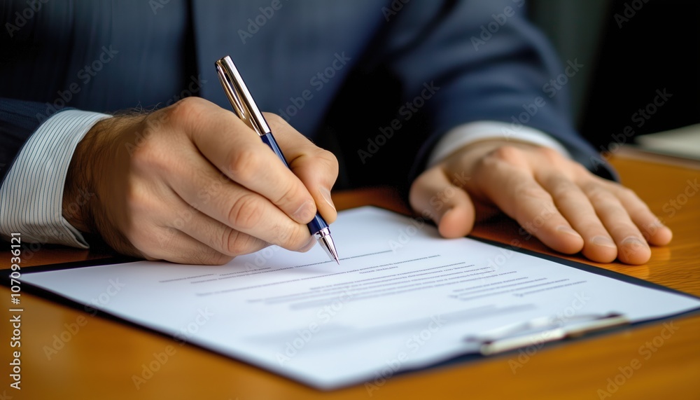 Businessman Holding Pen, Signing Contract At Desk With Legal Paperwork And Notes. Importance Of Agreement, Proposal Sign Off, And Attorney In Office Deal. Businessman Holding Pen, Signing Contract At Desk With Legal Paperwork And Notes. Importance Of Agreement, Proposal Sign Off, And Attorney In Office Deal.