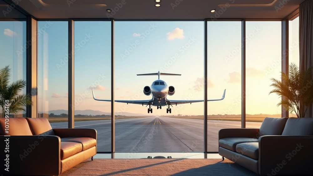 Fototapeta premium Stylish Airport Lounge with Private Jet Taking Off on a Clear Day