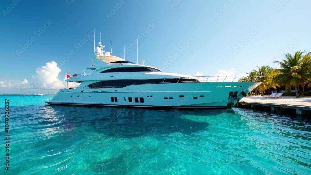 Fototapeta premium Luxurious Yacht Moored at a Private Island in Crystal Clear Waters