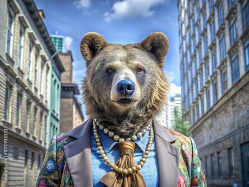 Fashion Photography with a Short Face Bear: A Playful and Stylish Representation of Wildlife in a Trendy Setting, Highlighting Unique Textures and Vibrant Colors for Modern Artistry. photo